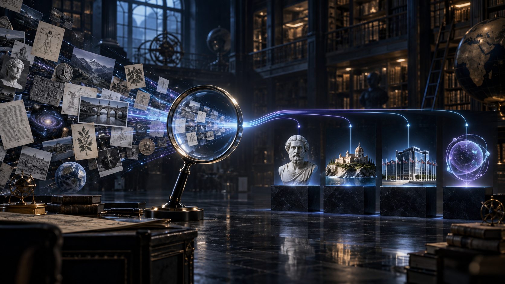 Magnifying glass draws archive material into subjects represented by a bust, a place, an organisation and an idea