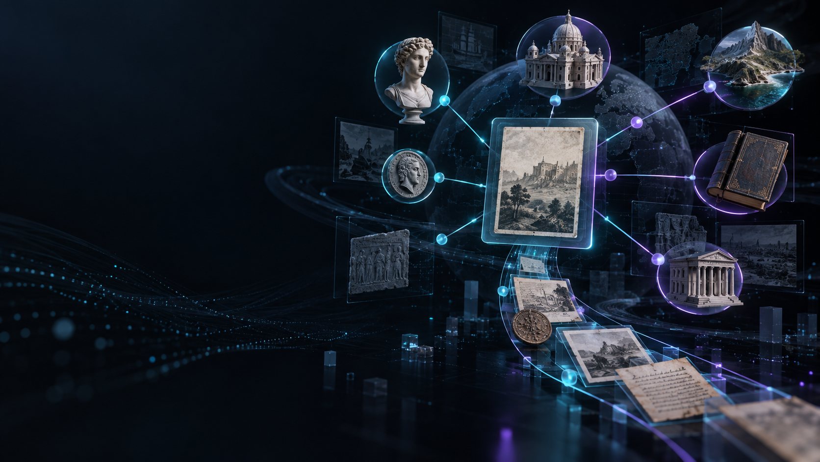 Illustration of archive documents and artifacts connected around a globe