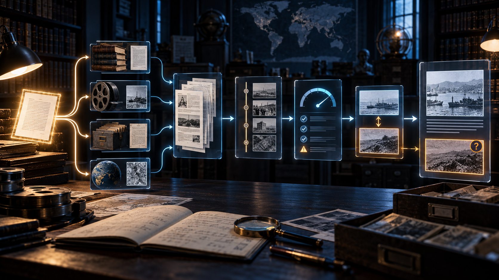Illustration of documents, film, archives and maps feeding a source trail with an uncertainty marker