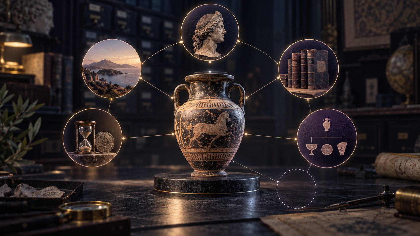 Amphora at the centre of linked circles for places, time, people, books and related objects, with a missing-fact outline